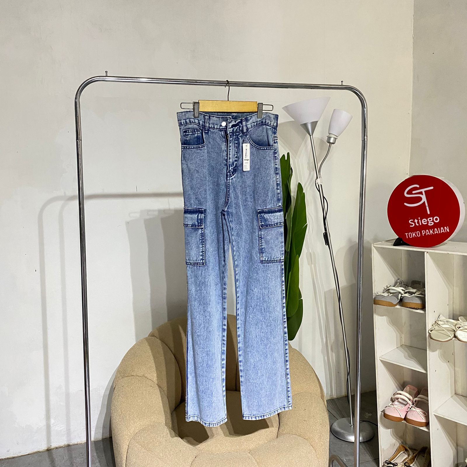 celana wanita jeans cargo osso blue