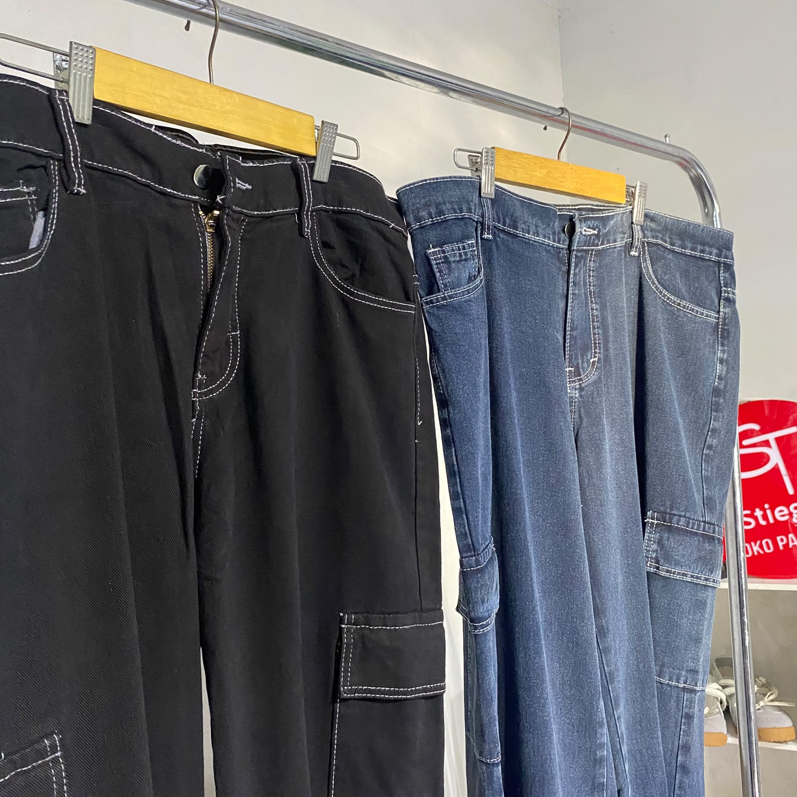 Celana wanita jeans cargo wanita Hitam list