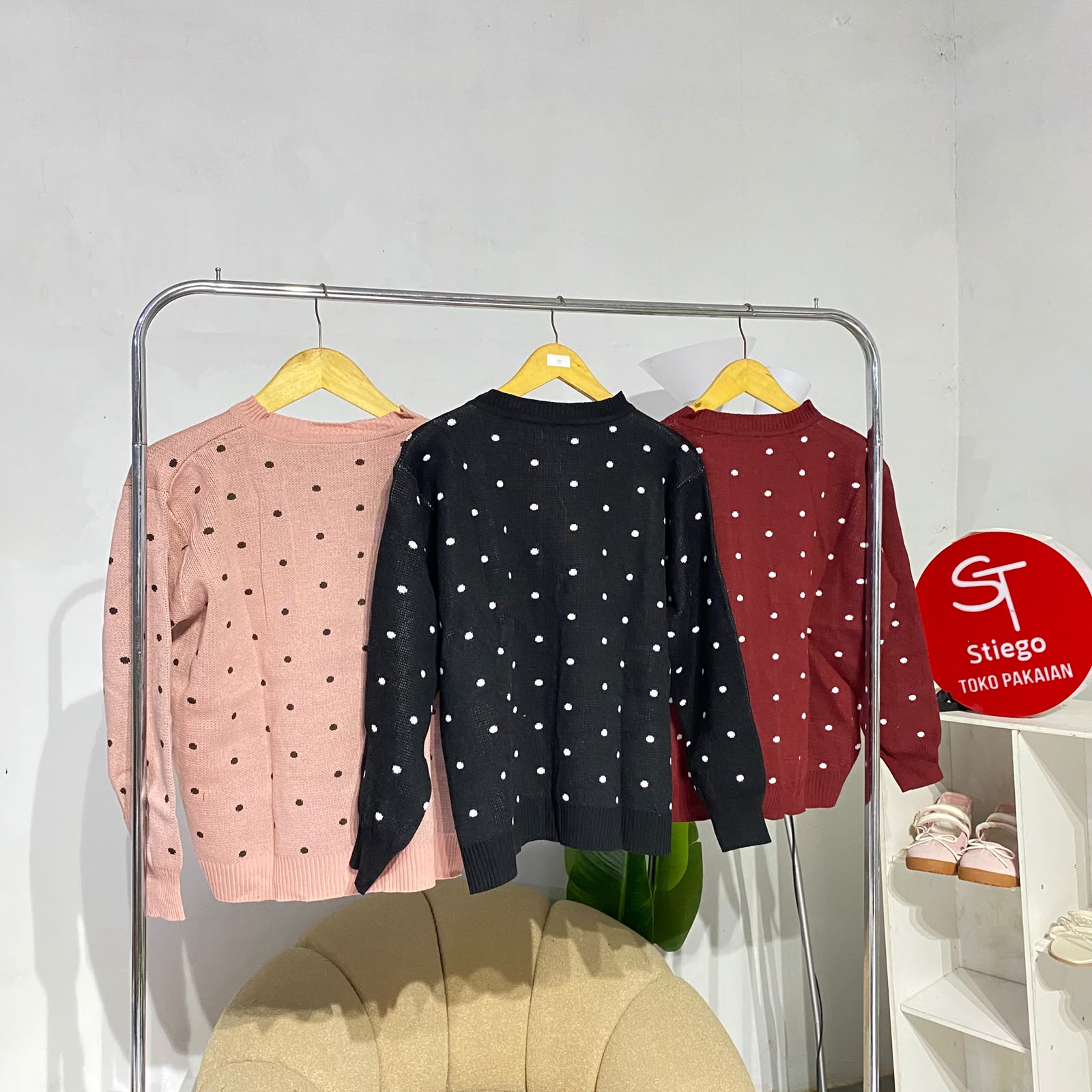 Sweater cardigan knit pilkadot  wanita Bigsize
